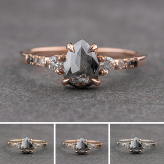 1.43 Carat Black Pear Diamond Engagement Ring, Ombre Eliza Setting, Point No Point Studio. Available in a variety of metal types. Eco-friendly, Recycled Metals, Conflict Free.
