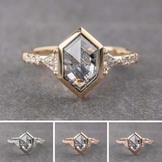1.37 Carat Salt and Pepper Hexagon Diamond Engagement Ring, Bezel Eliza Setting, Point No Point Studio. Available in a variety of metal types. Eco-friendly, Recycled Metals, Conflict Free.