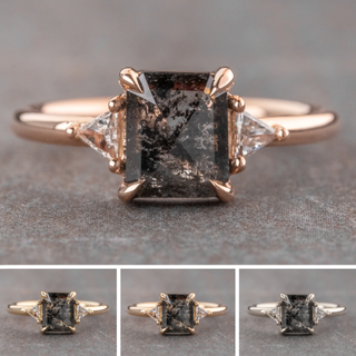 1.42 Carat Black Salt and Pepper Emerald Shaped Diamond Engagement Ring, Zoe Setting