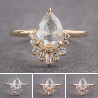 2.32 Carat Icy White Pear Diamond Engagement Ring, Wren Setting, Point No Point Studio. Available in a variety of metal types. Eco-friendly, Recycled Metals, Conflict Free.