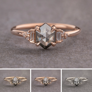 .83 Carat Salt and Pepper Hexagon Diamond Engagement Ring, Dahlia Setting, Point No Point Studio. Available in a variety of metal types. Eco-friendly, Recycled Metals, Conflict Free.
