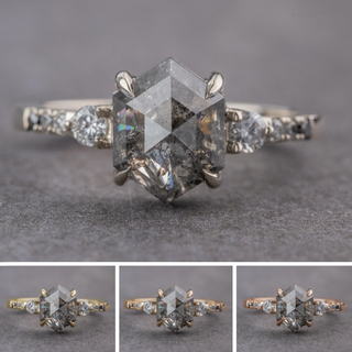 2 Carat Salt and Pepper Hexagon Diamond Engagement Ring, Ombre Eliza Setting