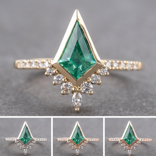 1.85 Carat Kite Emerald and Diamond Engagement Ring, Bezel Avaline Setting
