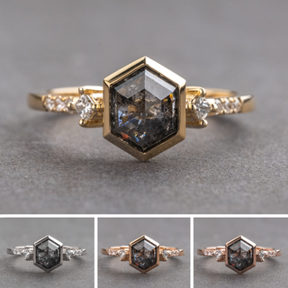 1.86 Carat Black Salt and Pepper Hexagon Diamond Engagement Ring, Bezel Eliza Setting