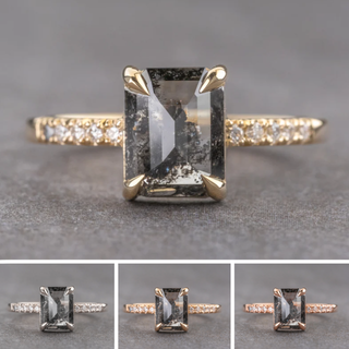 1.57 Carat Black Speckled Emerald Shaped Diamond Engagement Ring, Jules Setting