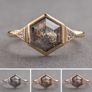 1.90 Carat Black Speckled Hexagon Diamond Engagement Ring, Bezel Zoe Setting