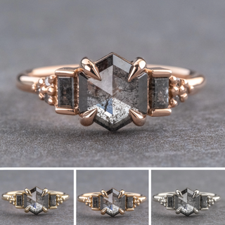 .98 Carat Black Speckled Hexagon Diamond Engagement Ring, Dahlia Setting