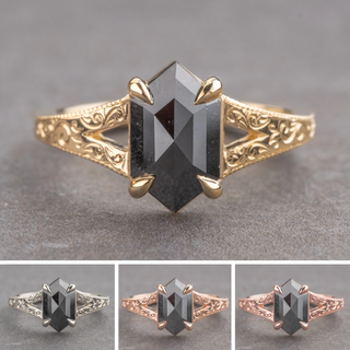 1.41 Carat Black Hexagon Diamond Engagement Ring, Engraved Split Shank Jane