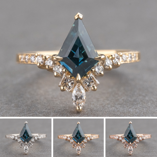 1.58 Carat Blue Kite Sapphire and Diamond Engagement Ring, Engraved Willa Setting, Point No Point Studio. Available in a variety of metal types. Eco-friendly, Recycled Metals, Conflict Free.