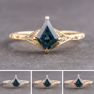 1.11 Carat Teal Kite Sapphire and Diamond Engagement Ring, Engraved Aela Setting