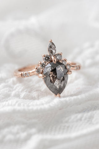 1.99 Carat Black Salt and Pepper Pear Diamond Engagement Ring, Ombre Flora Setting