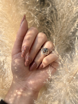 1.84 Carat Black Salt and Pepper Diamond Engagement Ring, Split Shank Jane Setting, Point No Point Studio. Available in a variety of metal types. Eco-friendly, Recycled Metals, Conflict Free.