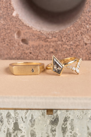 2.17 Carat Salt and Pepper Kite Diamond Engagement Ring, Bezel Jane Setting, Point No Point Studio. Available in a variety of metal types. Eco-friendly, Recycled Metals, Conflict Free.