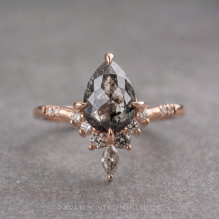 1.99 Carat Black Salt and Pepper Pear Diamond Engagement Ring, Ombre Flora Setting