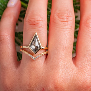 2.17 Carat Salt and Pepper Kite Diamond Engagement Ring, Bezel Jane Setting, Point No Point Studio. Available in a variety of metal types. Eco-friendly, Recycled Metals, Conflict Free.