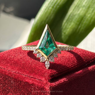 1.85 Carat Kite Emerald and Diamond Engagement Ring, Bezel Avaline Setting