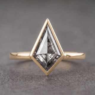 2.17 Carat Salt and Pepper Kite Diamond Engagement Ring, Bezel Jane Setting, Point No Point Studio. Available in a variety of metal types. Eco-friendly, Recycled Metals, Conflict Free.