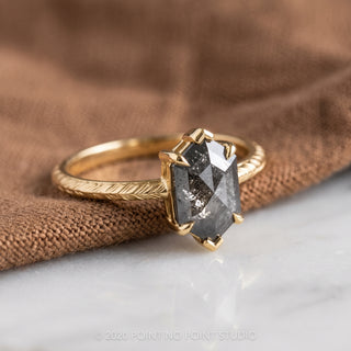 1.92 Carat Salt and Pepper Hexagon Diamond Engagement Ring, Engraved Jane Setting, Point No Point Studio. Eco-friendly, Recycled Metals, Conflict Free.
