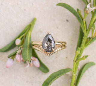 1.42 Carat Black Salt and Pepper Pear Diamond Engagement Ring, Charlize Setting, Point No Point Studio. Available in a variety of metal types. Eco-friendly, Recycled Metals, Conflict Free.