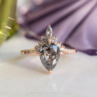 1.99 Carat Black Salt and Pepper Pear Diamond Engagement Ring, Ombre Flora Setting