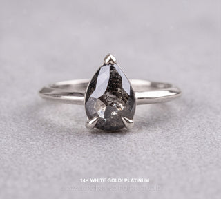 1.42 Carat Black Salt and Pepper Pear Diamond Engagement Ring, Charlize Setting, Point No Point Studio. Available in a variety of metal types. Eco-friendly, Recycled Metals, Conflict Free.