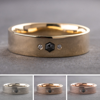 Salt and Pepper Hexagon White Diamond Mens Wedding Band, Comfort Fit men's wedding band, Point No Point Studio. Eco-friendly, Recycled Metals, Conflict Free.