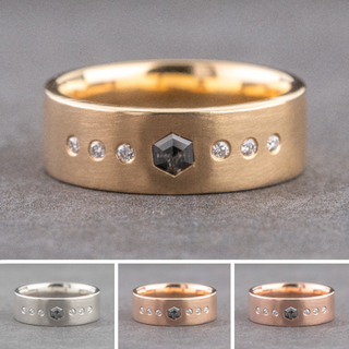 Salt and Pepper Hexagon and 6 White Diamond Mens Wedding Band, Comfort Fit men's wedding band, Point No Point Studio. Eco-friendly, Recycled Metals, Conflict Free.
