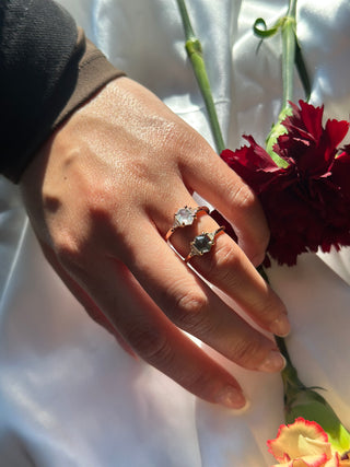 1.26 Carat Icy Salt and Pepper Hexagon Diamond Engagement Ring, Zoe Setting, 14K Rose Gold