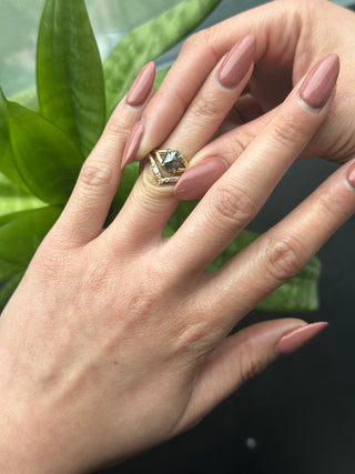 1.84 Carat Black Salt and Pepper Diamond Engagement Ring, Split Shank Jane Setting, Point No Point Studio. Available in a variety of metal types. Eco-friendly, Recycled Metals, Conflict Free.