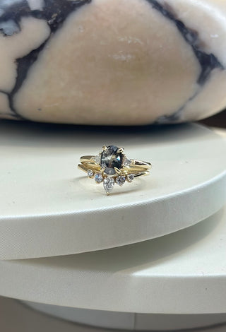 1.08 Carat Salt and Pepper Oval Diamond Engagement Ring, Zoe Setting, 14K Yellow Gold, Point No Point Studio. Eco-friendly, Recycled Metals, Conflict Free.