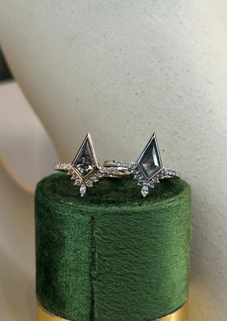 1.14 Carat Black Salt and Pepper Kite Diamond Engagement Ring, Bezel Avaline Setting, Platinum, Point No Point Studio. Eco-friendly, Recycled Metals, Conflict Free.