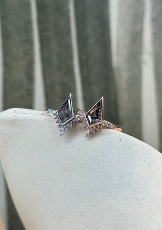 1.14 Carat Black Salt and Pepper Kite Diamond Engagement Ring, Bezel Avaline Setting, Platinum, Point No Point Studio. Eco-friendly, Recycled Metals, Conflict Free.