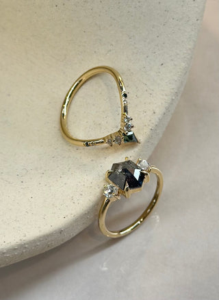 1.58 Carat Black Hexagon Diamond Engagement Ring, Zoe Setting, 14K Yellow Gold
