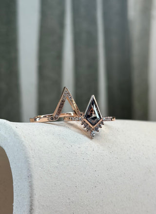 1.27 Carat Black Salt and Pepper Kite Diamond Engagement Ring, Bezel Avaline Setting, 14k Rose Gold, Point No Point Studio. Eco-friendly, Recycled Metals, Conflict Free.