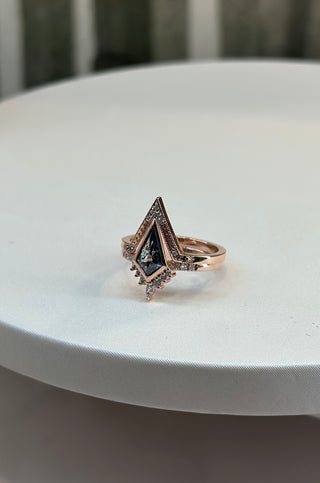 1.27 Carat Black Salt and Pepper Kite Diamond Engagement Ring, Bezel Avaline Setting, 14k Rose Gold, Point No Point Studio. Eco-friendly, Recycled Metals, Conflict Free.