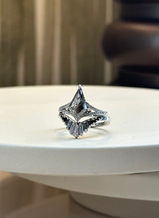 1.96 Carat Salt and Pepper Kite Diamond Engagement Ring, River Setting, Point No Point Studio. Available in a variety of metal types. Eco-friendly, Recycled Metals, Conflict Free.