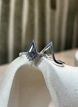 1.14 Carat Black Salt and Pepper Kite Diamond Engagement Ring, Bezel Avaline Setting, Platinum, Point No Point Studio. Eco-friendly, Recycled Metals, Conflict Free.