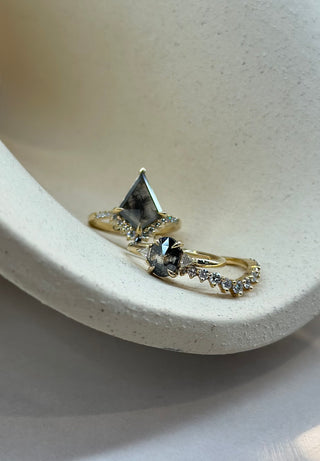 1.08 Carat Salt and Pepper Oval Diamond Engagement Ring, Zoe Setting, 14K Yellow Gold, Point No Point Studio. Eco-friendly, Recycled Metals, Conflict Free.