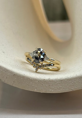 1.08 Carat Salt and Pepper Oval Diamond Engagement Ring, Zoe Setting, 14K Yellow Gold, Point No Point Studio. Eco-friendly, Recycled Metals, Conflict Free.