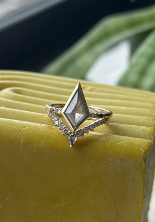 1.51 Carat Icy Grey Kite Diamond Engagement Ring, Bezel Ombre Jules Setting, 14K Yellow Gold, Point No Point Studio. Eco-friendly, Recycled Metals, Conflict Free.