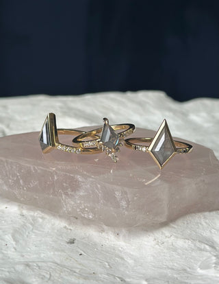 1.51 Carat Icy Grey Kite Diamond Engagement Ring, Bezel Ombre Jules Setting, 14K Yellow Gold, Point No Point Studio. Eco-friendly, Recycled Metals, Conflict Free.