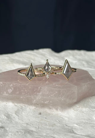 1.51 Carat Icy Grey Kite Diamond Engagement Ring, Bezel Ombre Jules Setting, 14K Yellow Gold, Point No Point Studio. Eco-friendly, Recycled Metals, Conflict Free.