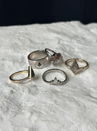 1.51 Carat Icy Grey Kite Diamond Engagement Ring, Bezel Ombre Jules Setting, 14K Yellow Gold, Point No Point Studio. Eco-friendly, Recycled Metals, Conflict Free.