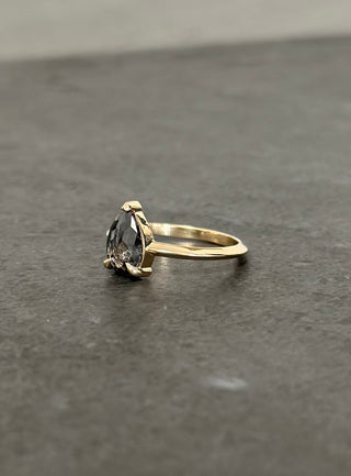 1.42 Carat Black Salt and Pepper Pear Diamond Engagement Ring, Charlize Setting, Point No Point Studio. Available in a variety of metal types. Eco-friendly, Recycled Metals, Conflict Free.