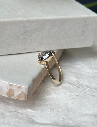 1.42 Carat Black Salt and Pepper Pear Diamond Engagement Ring, Charlize Setting, Point No Point Studio. Available in a variety of metal types. Eco-friendly, Recycled Metals, Conflict Free.