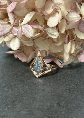1.37 Carat Salt and Pepper Kite Diamond Engagement Ring, Arwen Setting, 14K Peach Gold