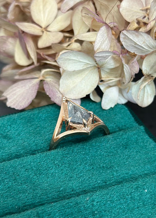 1.37 Carat Salt and Pepper Kite Diamond Engagement Ring, Arwen Setting, 14K Peach Gold