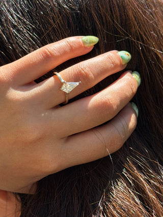 Kite Moissanite Engagement Ring, Lark Setting, Point No Point Studio. Available in a variety of metal types. Eco-friendly, Recycled Metals, Conflict Free.