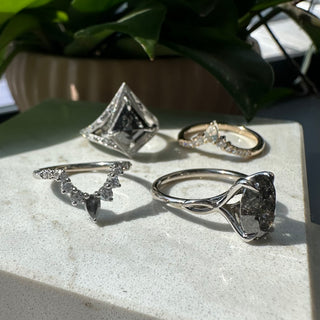 Cassiopeia Wedding Ring, Salt and Pepper Pear, 13 Diamond