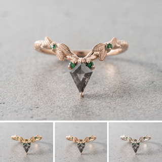 Leaf Andromeda Wedding Ring, Tsavorite Garnet and Moissanite, Salt and Pepper Kite Focal, Twisted Band